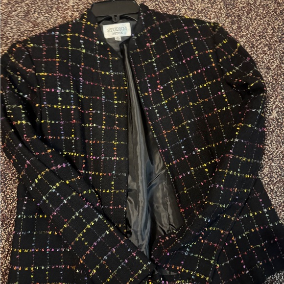 Studio I Petite Women’s Blazer Jacket Size 12P Black Multicolor Check Line - Picture 1 of 4